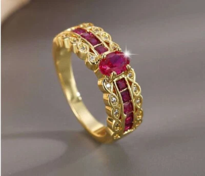 Alianza Media Eternidad 2.38Ct Corte Ovalado Rubí Simulado Chapado en Oro Amarillo 14K Foto 1 de 4