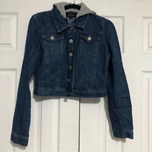 Poetry denim jean jacket with hood girls size large. Ornate silver tone buttons - Picture 1 of 10