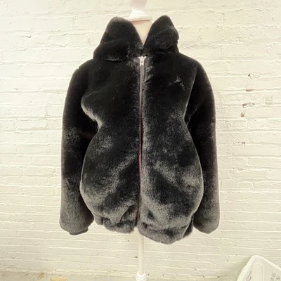 GAP Womens M Hooded Faux Fur Jacket True Black Zip Plush WinterPlush Winter Coat - Image 1 of 4
