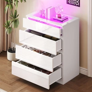 Modern 4-Drawer Tempered Glass Top Dresser with LED White High Gloss Surface - Picture 1 of 16