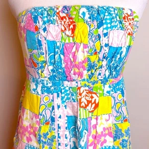 Women Lilly Pulitzer Gweneth Loco Patch Linen Cotton Strapless Dress Size 2 Vtg - Picture 1 of 8