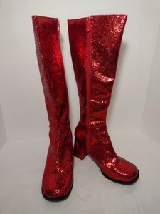Stivali Gogo Ellie Rosso Glitter Tacco 3" Scintillante Costume Teatro Halloween Natale - Foto 1 di 13