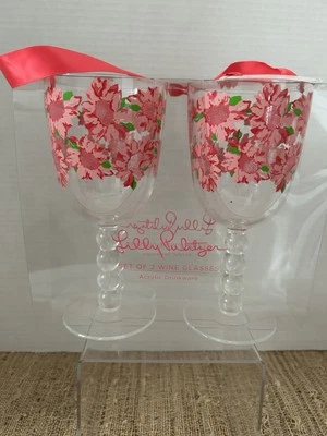 Copos de vinho acrílico Lilly Pulitzer 12 oz. Design floral rosa. Conjunto de 2. Novo - Imagem 1 de 4