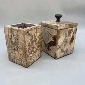 Vtg Marble Rectangle Pen Holder Trinket Box Set Brown Desktop Organizer - Picture 1 of 11