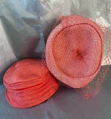 Lot of 2 Vintage 1950s Ladies Straw Pillbox Hats Orange Tones Veil Union Made - Image 1 of 4