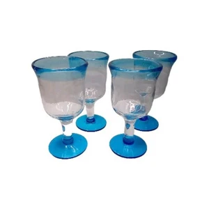 MEXICAN GLASSES 4 blue clear hand blown water wine festive goblets - Picture 1 of 6