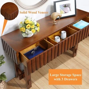 52 Inch Mid Century Farmhouse Fluted Solid Wood Sofa Table with Storage Drawers - Picture 1 of 16