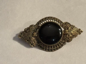 Vintage Bronze & schwarzer Onyx keltischer Knoten Brosche ~ viktorianischer Revival-Stil - Bild 1 von 14