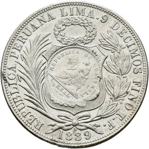 ☆ GUATEMALA 1894 • PESO ½ REAL ☆ COUNTERMARKED ON 1889 PERU SOL ☆ KM# 224 ☆D1333 - Picture 1 of 4