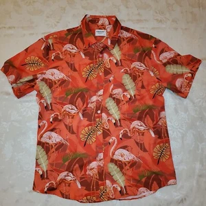 Tunevuse Mens Button Up Shirt L Regular Fit Flamingo Print Short Sleeve Shirt - Picture 1 of 3