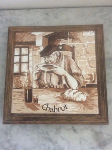 Antique French Signed Pottery Tile Trivet CHABROT Wooden Stand Bun Feet c1900 Cover