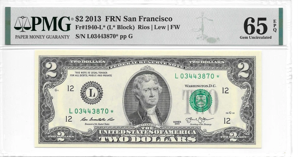 2013* San Francisco $2 FRN STAR (L* Block) PMG 65 EPQ Gem Uncirculated - Image 1 of 4