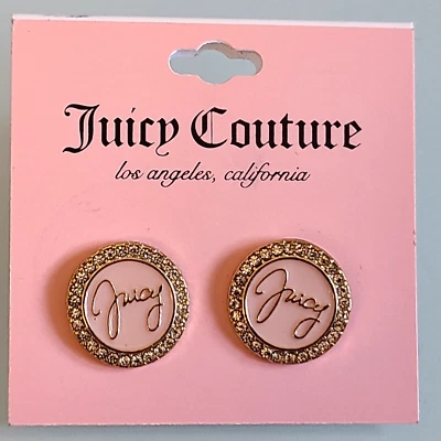 Juicy Couture Pink Enamel Earrings on ORIGINAL CARD  NEW 1/2 INCH RHINESTONE - Image 1 of 4