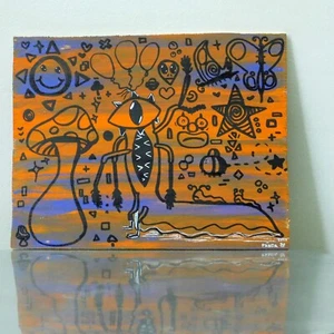 Handmade Wall Art Orange Purple Mushroom Eye Graffiti Style Chaos on Wood 8 x 10 - Picture 1 of 6