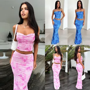 Women Long Skirt Cami Tops 2Pcs PRINT Set Slip Dress Bodycon Co-ord Summer Beach - Picture 1 of 22