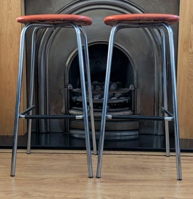 Pair Vintage 1960s Chrome Kitchen Bar Stools Vinyl Seats Retro Mid-Century Rare - Image 1 of 4
