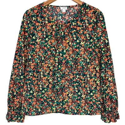 Blusa JCrew Verde Naranja Amarillo Floral Hombro Botón Manga Larga Talla Grande Foto 1 de 4