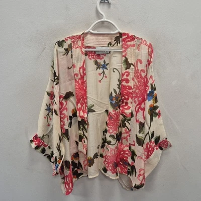 One Hundred Stars Short Kimono Beige Chrysanthemum Floral Oriental Boho One Size - Image 1 of 4