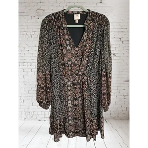 Knox Rose Womens XL Black Floral Print Dress Long Sleeve V Neck Ruffle Hem - Picture 1 of 5