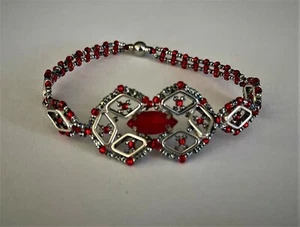 Red and Silver Diamond Halo Navette Beaded Magnetic Bracelet Clasp 8" - Picture 1 of 5