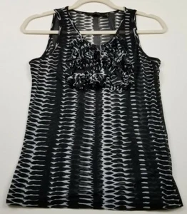 Camiseta sin mangas para mujer The Limited XS negra blanca abstracta con volantes elásticos transparentes - Imagen 1 de 10