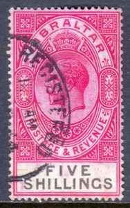GIBRALTAR — SCOTT 89 (SG 105)— 1925 5/- KGV MULT. SCR. CA WMK — USED — SCV $75 - Picture 1 of 2