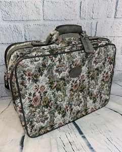 Vintage Pegasus Suitcase Floral Tapestry And Gray Suede Travel Bag Carry-On - Picture 1 of 12
