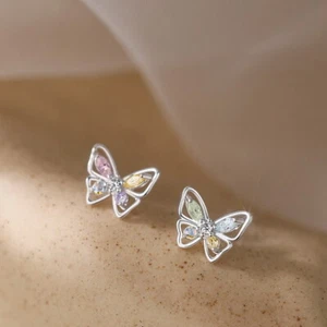 925 Silver Crystal Butterfly Zircon Earrings Ear Stud Elegant Women Jewelry Gift - Picture 1 of 7