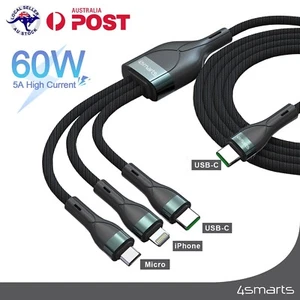 3 in 1 Multi Fast Charger Cable 60W USB C Data Cord For iPhone / Type C / Micro - Picture 1 of 7