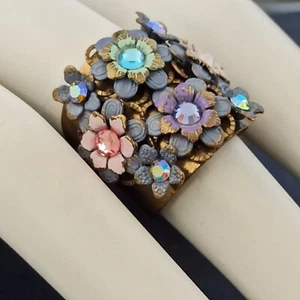 Michal Negrin Ring Chunky Wide Band Lavender Enamel Flowers Crystals Shabby Boho - Picture 1 of 14