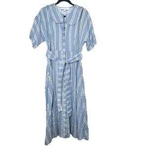 BURU blau & weiß gestreiftes Kurzarm Midi Hemd Kleid mit Wende Bindegürtel Lrg - Bild 1 von 9