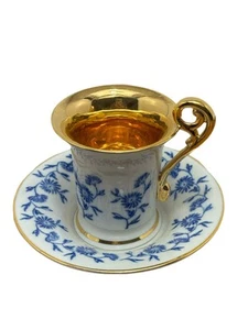 VTG Bavaria Demitasse Cup & Saucer Set Blue White Floral Heavy Gold Detail EUC - Picture 1 of 8