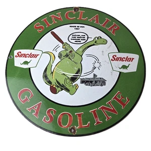 Vintage Sinclair Gasoline Sign - Baseball Dinosaur Porcelain Gas Pump Sign - Picture 1 of 14