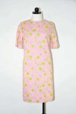Vestido recto manga corta bordado floral verde algodón rosa años 60 vintage para mujer M Foto 1 de 4