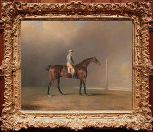 Handmade Old Master-Art Antique Oil Painting Animal Bay Racehorse men on canvas - Imagen 1 de 2