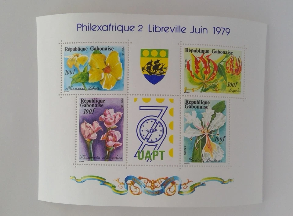 Mini hoja floral de sello postal de Gabón 1979 Juin Philexafrique MNH SS430 Foto 1 de 1