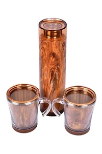 690ml Insulated Bottle 2 Cup & Lid Travel Set Stainless Steel Gift Glossy Wood - Picture 1 of 9