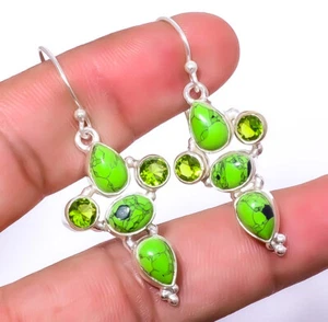 Green Turquoise & Peridot 925 Sterling Silver Earring 1.76" E911-1 - Picture 1 of 1