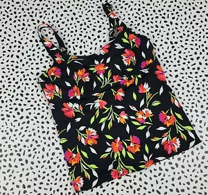 Lands End Black Crimson Floral Square neck Tankini Swim Top 504650 D CUP REG 8 - Picture 1 of 3