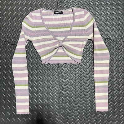 Olivaceous Crop Top Ruched Striped Cropped Long Sleeve Women’s Size Small Pastel - Image 1 of 4