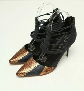 L.A.M.B. May Women's Heels Pumps Snake Embossed Gold Print Blue Suede Sz 8 - Picture 1 of 10