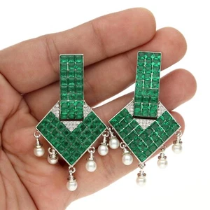 Stunning Green CZ Geometric Dangle Earrings with Pearl Drops and Crystal Accents - Picture 1 of 7