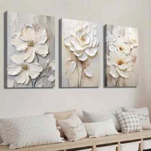 3pcs White Textured Flower Painting Wall Art Canvas Unframed/Framed - Picture 1 of 9