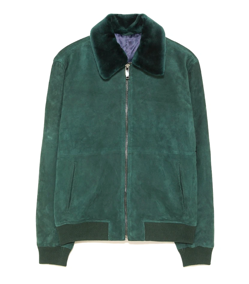 ZARA Men's M Green Goatskin Suede Bomber Aviator Jacket with Wool Collar - Image 1 of 4
