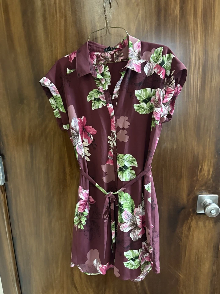 Экспресс-платье женщин средний бордовый многоцветный цветочный повседневный кнопка спереди платье - Изображение 1 из 4