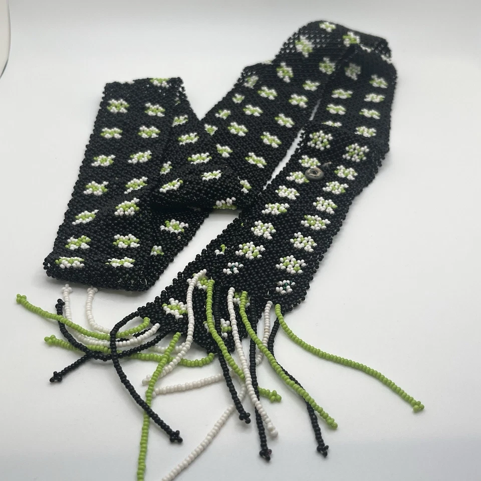Black, white and green vintage micro hand beaded belt. It has a snap to connect. - Image 1 of 4