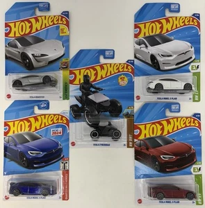 Lot of 5 Hot Wheels Tesla Cyberquad; Roadster; 3 Model S Plaid: red, white, blue - Picture 1 of 12