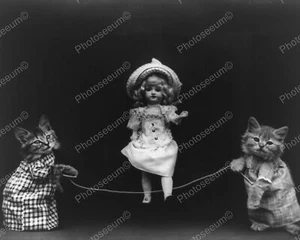 Doll And Kittens Play Jump Rope 8x10 Reprint Of Old Photo - Picture 1 of 1