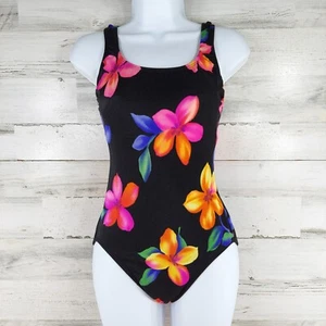 VINTAGE ROBBY LEN SWIMFASHIONS ONE PIECE SWIMSUIT BLACK FLORAL WOMEN'S SIZE 10 . - Picture 1 of 24