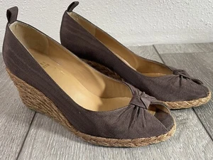 Stuart Weitzman Chocolate Brown Satin & Jute Wedge Open Toe Heels Size 6M EUC - Picture 1 of 9